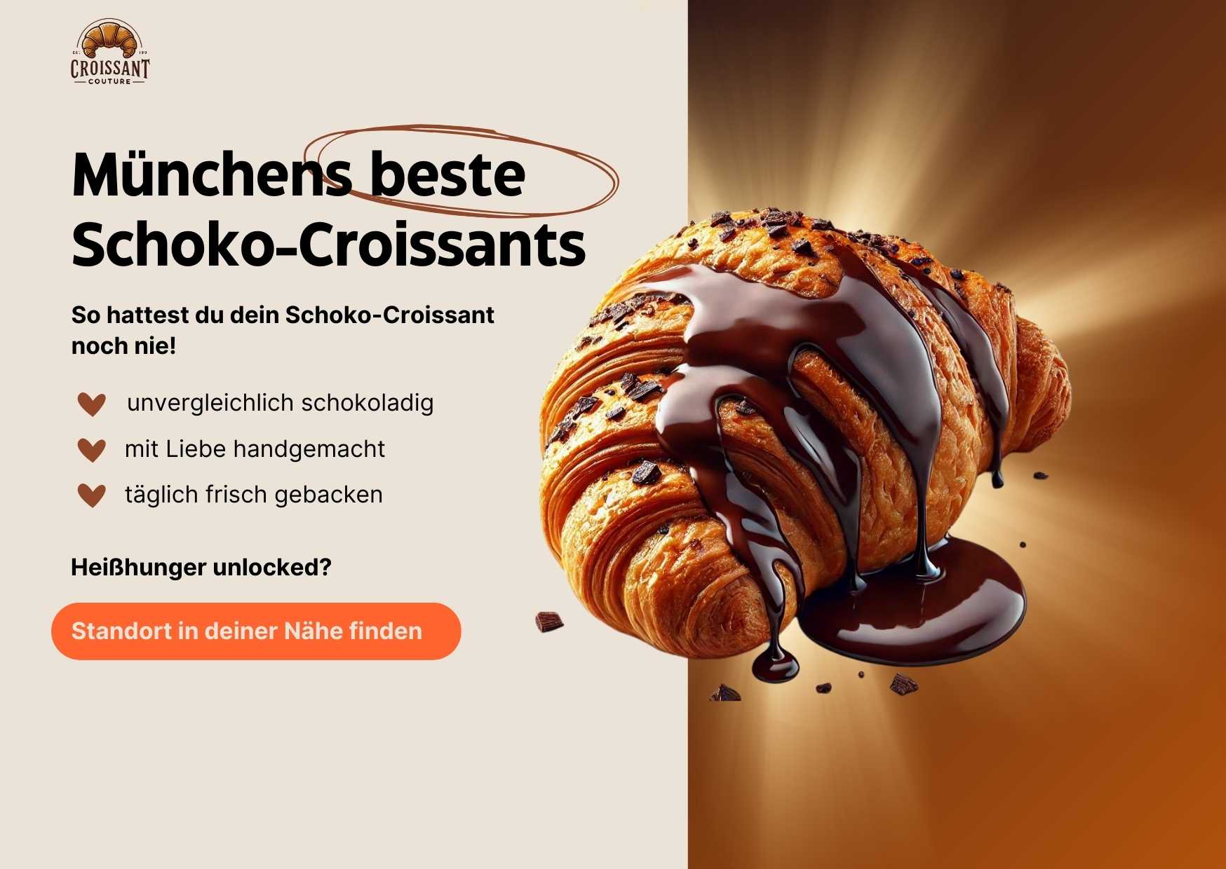 Landingpage für Schoko-Croissants, Links ist Text, rechts ein saftiges Schoko-Croissant